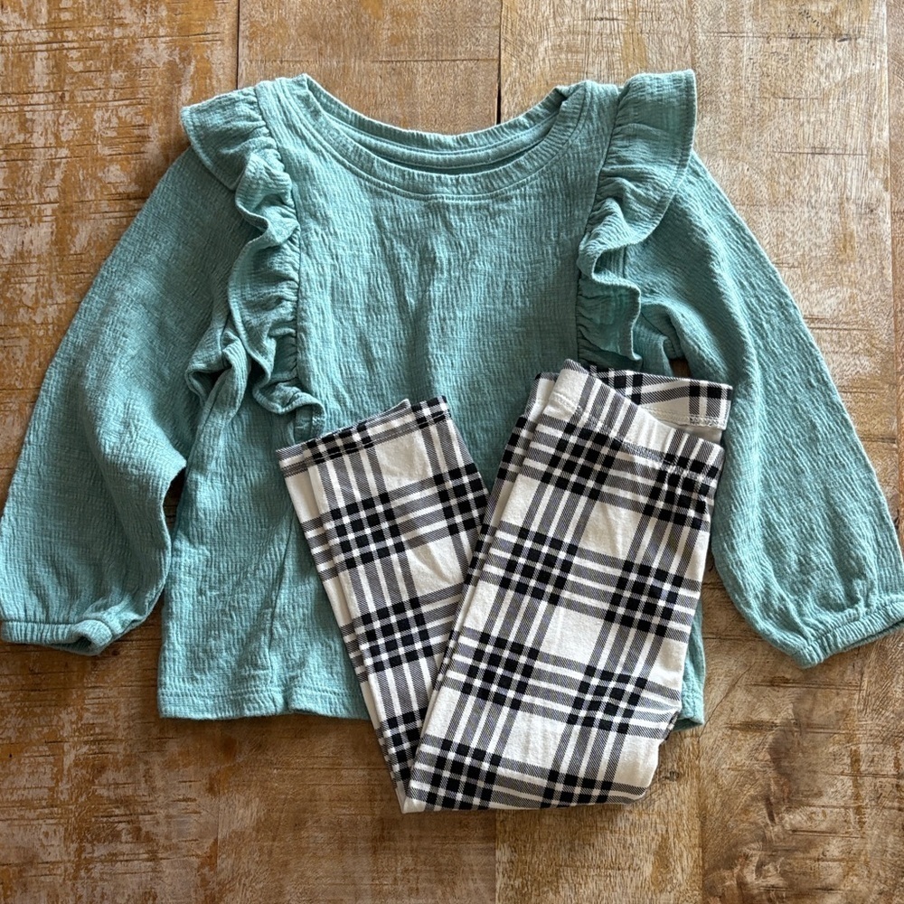 Cat & Jack Teal Top and Plaid Leggings Set 2t
